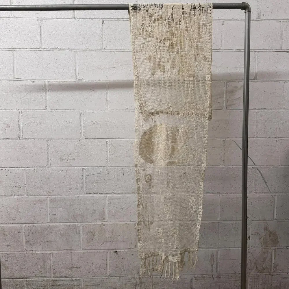 Antique French Figural Filet Lace Cat Sleeping Curtain - Rare Unique Animal